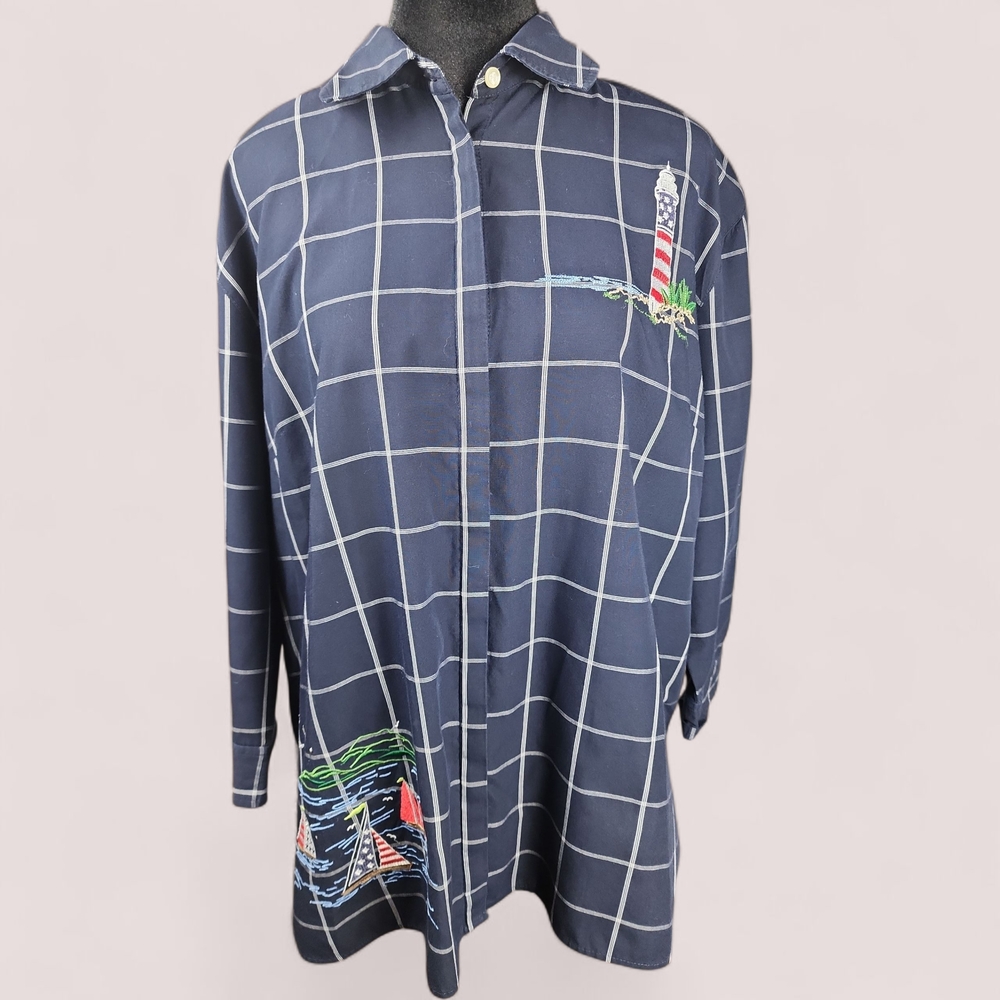 KAREN SCOTT |‎ Navy Checkered Coastal Shirt with Lighthouse Sailboat Beach | XL